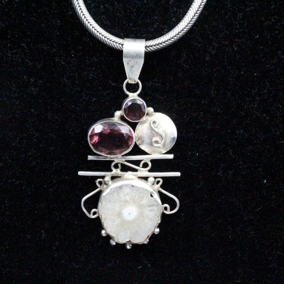 Sterling Silver 925 Purple Glass Sliced Quartz Modernist Pendant - Picture 2 of 10